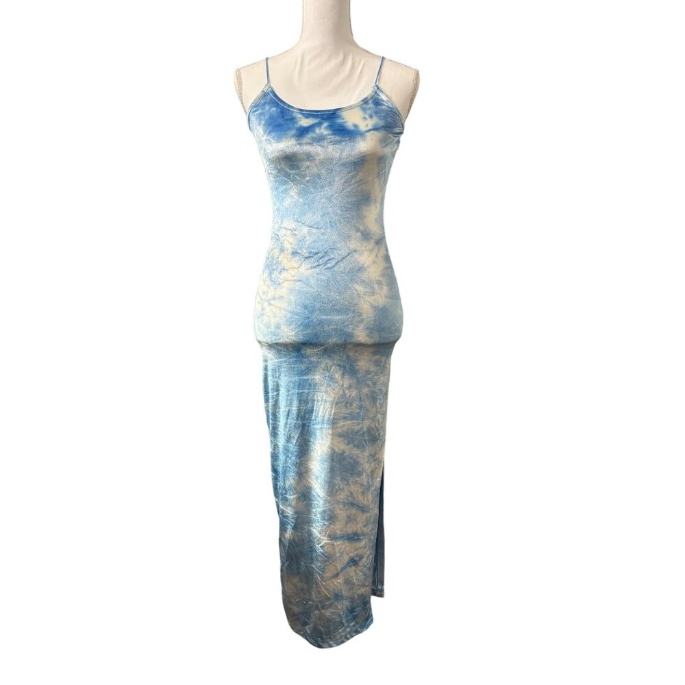 Derek Heart Tie-Dye Spaghetti Strap Maxi Dress Blue & White Side Slit Size S